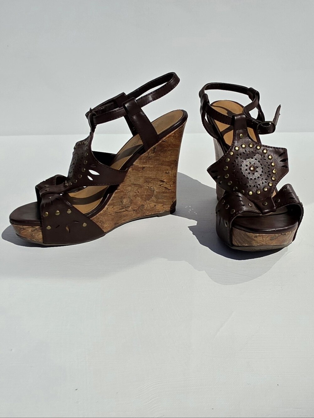 Soda Size 7 Brown Leather-like Wedge Sandals with Stud Detail
